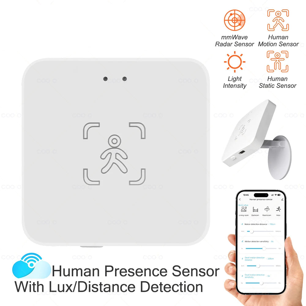 Human presence sensor with smartphone app interface and various sensor icons displayed.